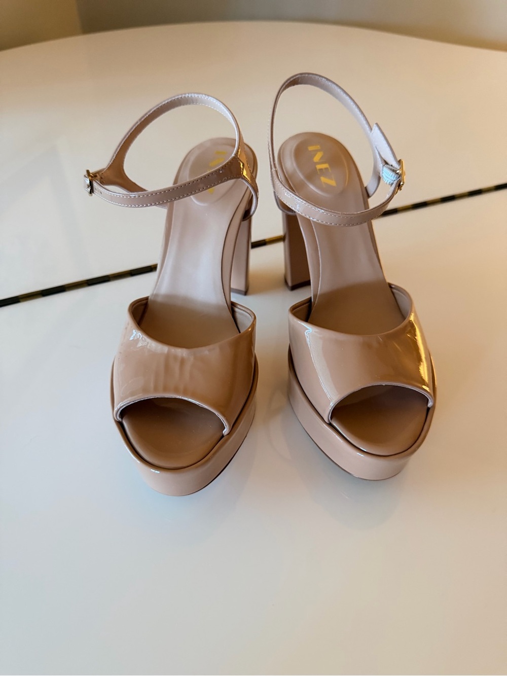 Inez Patent Nude Platform Slingback Heels with Ankle Strap